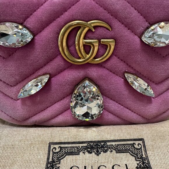 RARE Gucci Pink Velvet Marquise Crystal Mini GG Marmont Shoulder Bag - Picture 14 of 16